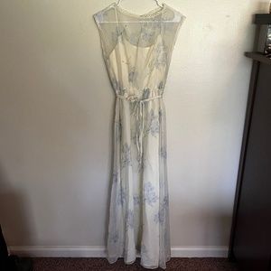 1960s Vintage White Lined Maxi Dress w/ Blue Flowers